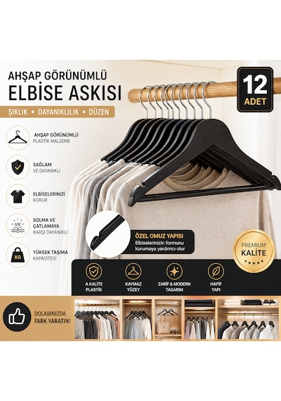 12 Adet Plastik Elbise Askısı Dayanıklı Kalın Askı Seti, Kırılmaz Askılık, Dolap İçi Düzenleyici Askı Siyah