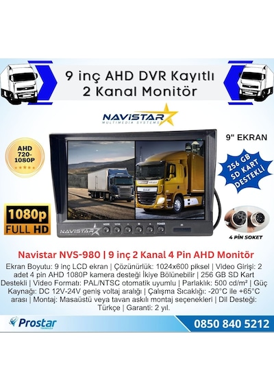 Kayıtlı 9 İnç İkiye Bölen 2 Kanal Split Ahd 1080p/720p Destekli 4 Pin 256 Gb Sd Destekli Monitör