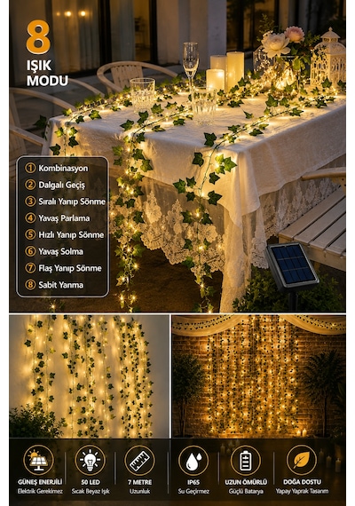 Solar Yapay Yaprak Şerit Led 7 Metre 50 Led, Güneş Enerjili Sarmaşık Dekoratif Aydınlatma, Balkon Bahçe Duvar Süs Lambası