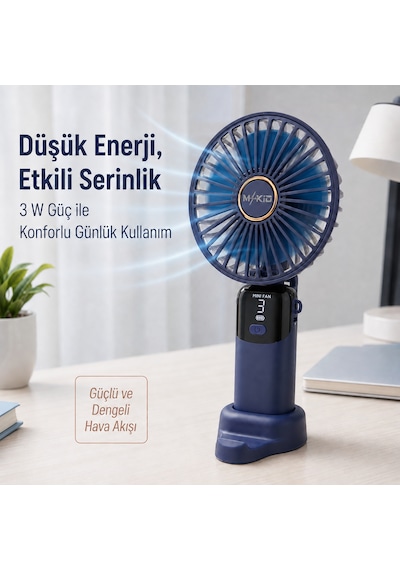 Şarjlı El Vantilatörü 5 Kademeli, Katlanabilir Dijital Ekranlı Mini El Fanı, 1200 Mah, 5 Pervaneli Güçlü Hava Akışı, Standlı Masaüstü Fan, Usb Şarjlı - Lacivert