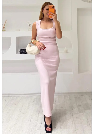 Fiolin Soft Touch Bel Büzgülü Modal Uzun Elbise Pembe