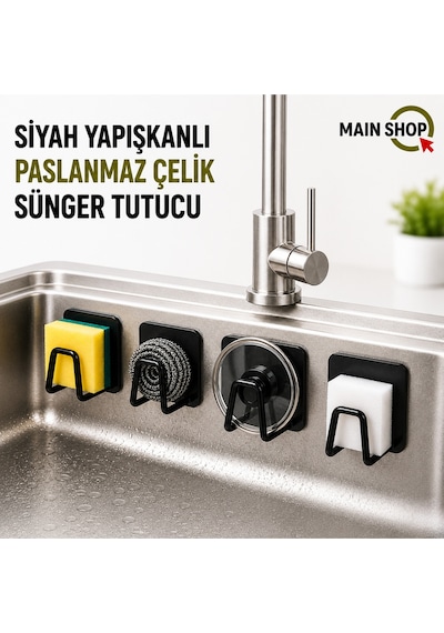 Mainshop 4 Adet Siyah Sünger Askılığı - Paslanmaz Çelik Suya Dayanıklı Delme Gerektirmeyen Tutucu M-sng1