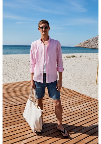 Grimelange Perttu Erkek %100 Pamuk Slim Fit Dar Kesim Düğmeli Yaka Keten Görünümlü Flamlı Pembe Göml Pembe