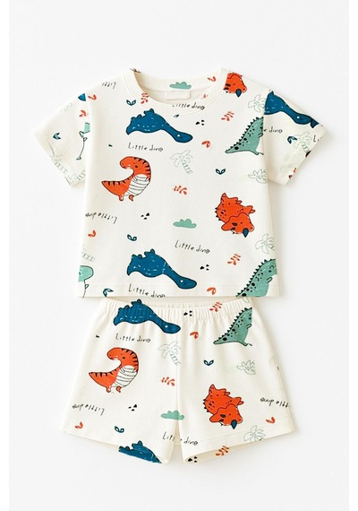 Luess Erkek Çocuk %100 Pamuk Renkli Dinazor Şortlu Pijama Takımı 3-4 Yaş 8-9 Yaş Beyaz
