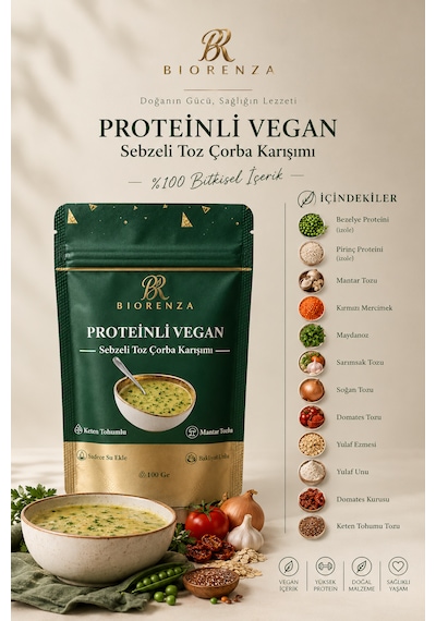 Proteinli Vegan Toz Çorba Bezelye Proteinli, Pirinç Proteinli, Sebzeli 100 G