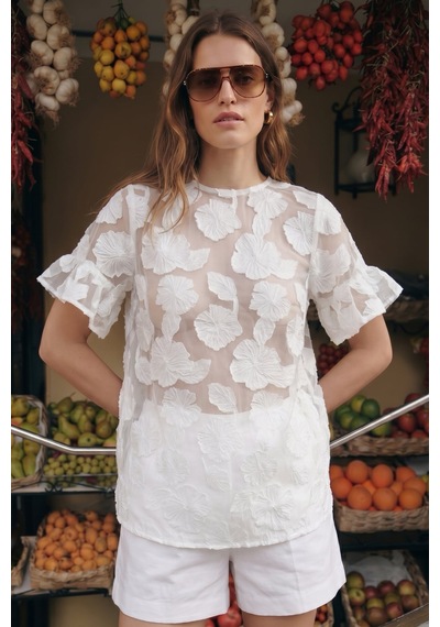 Sateen Dokulu Kısa Kollu Bluz - Ekru-137450