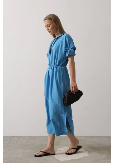 Defymoda Beli Lastikli Elbise - Mavi Mavi
