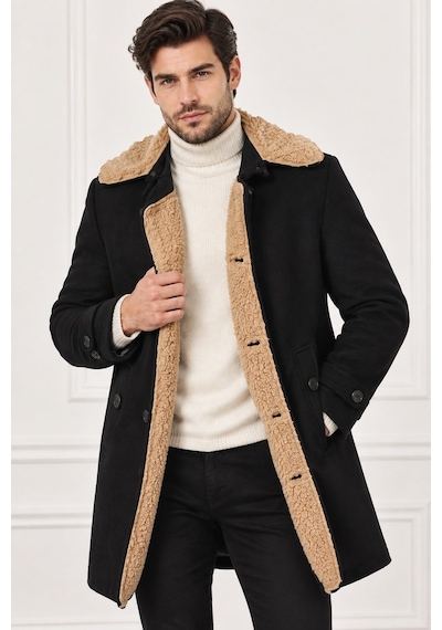 Plt9399 Dewberry Süet Görünümlü Erkek Palto-düz Siyah