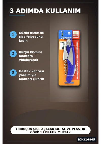 Tirbuşon Şişe Açacak Metal Ve Plastik Gövdeli Pratik Mutfak Yan Modeli Bx-316865 Çok Renkli
