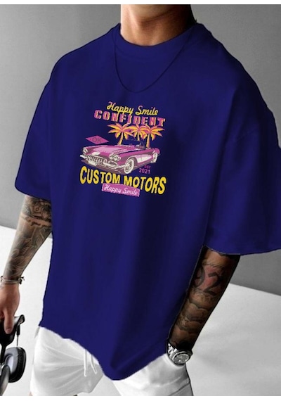 Custom Motor Baskılı Oversize Tişört Saks Mavisi