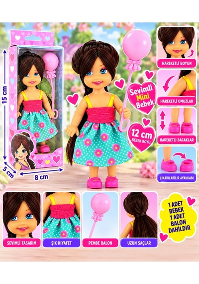 Cute Girl Pembe Balonlu Kumral Mini Bebek Nhr