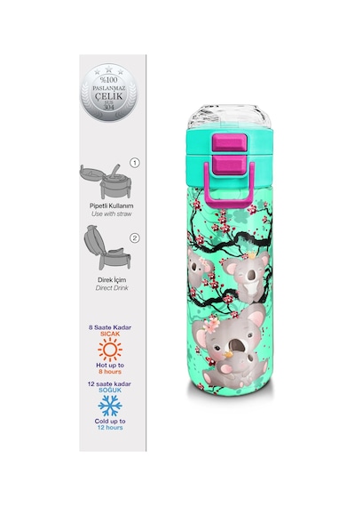 Coral High Kids Su Yeşili Koala Desenli Pipetli Ve Direkt İçim Çelik Termos 500 Ml 31927 Su Yeşili