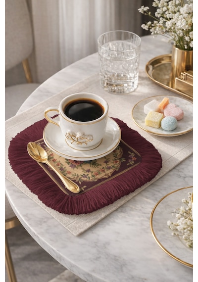 Zarif Vintage Çiçekli Saçaklı Sunum Servis Altlığı Mendil-chic Nostaljik Bordo Krem Sunumluk Peçete Çok Renkli