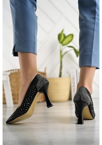 Nesil Shoes Elva 150 Siyah Tül Üzeri Taşlı Topuklu Kadın Stiletto Siyah Nesil Shoes Elva 150 Siyah Tül Üzeri Taşlı Topuklu Kadın Stiletto Siyah