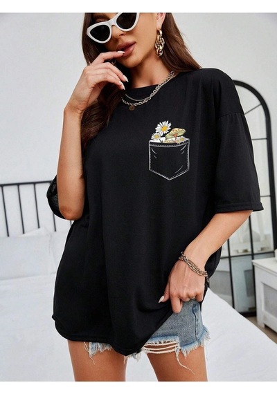 Cep Detay Baskılı T-shirt - Siyah Oversize Bisiklet Yaka Kısa Kol SIYAH Cep Detay Baskılı T-shirt - Siyah Oversize Bisiklet Yaka Kısa Kol SIYAH