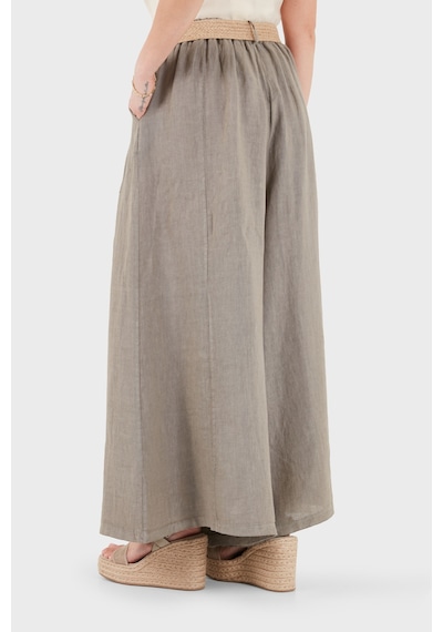 Via Dante Relaxed Fit Yüksek Bel Bol Paça Keten Pantolon Bayan Pantolon 7544 Toprak