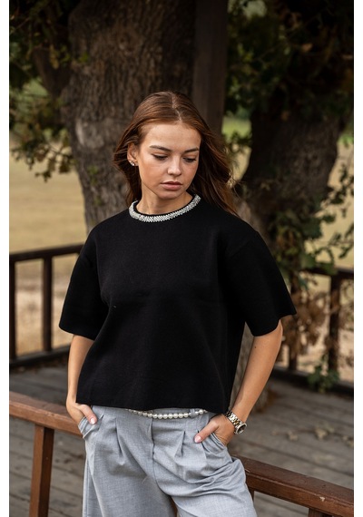 Verdeblanco Taşlı Yaka Basic Bluz Siyah Siyah