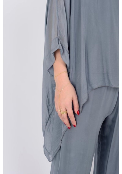 Bohem Stil İtalyan Yarasa Kol İpek Bluz & Pantolon Takım-8767 Koyu Gri Bohem Stil İtalyan Yarasa Kol İpek Bluz & Pantolon Takım-8767 Koyu Gri