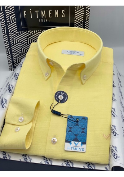 Slim Fit Uzun Kol Müslin Pamuk Rahat Nefes Alabilen Kumaştan Yaka Düğmeli Hediye Kutulu Erkek Gömlek Fs-004202 - Sarı-3367