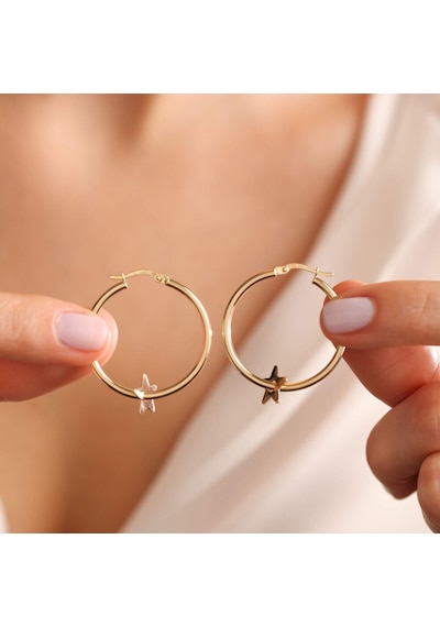 Sembol Gold 14 Ayar Altın Halka Küpe Yıldız Form 3.0 cm