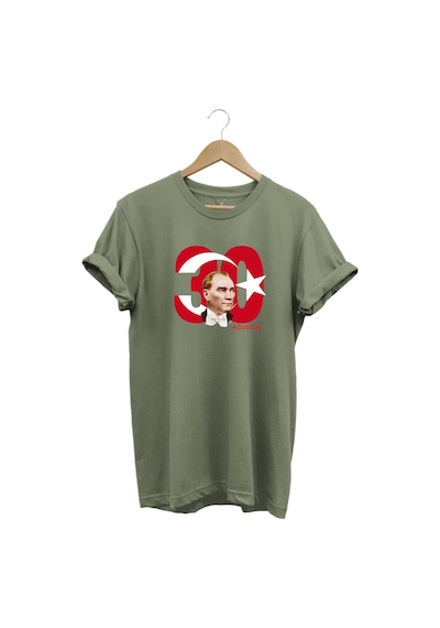 Türk Bayrağı Ve Atatürk Baskılı 30 Ağustos Zafer Bayramı Tasarımlı %100 Pamuk Regular Fit T-shirt Haki