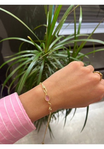 Çgk Çiğdem Gürel Kuyumculuk Pembe Opal Taşlı Doç Zincirli Altın Bileklik Gold