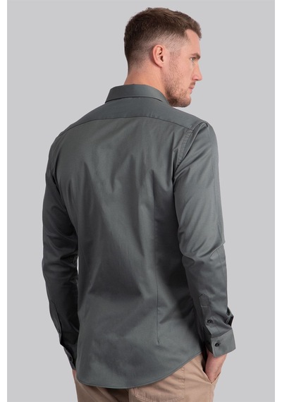 Tudors Slim Fit Dar Kesim Likralı Düz Saten Erkek Gömlek-19935 Yeşil