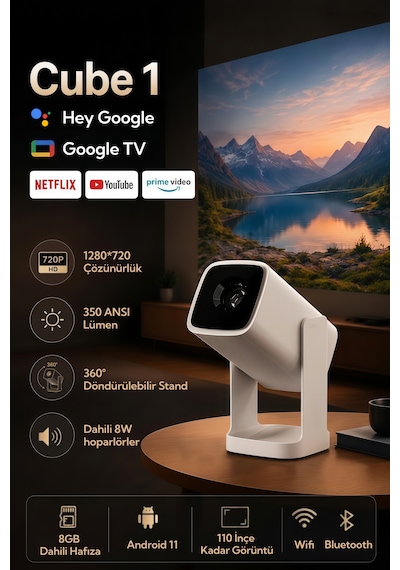 Wanbo Cube1 Projeksiyon Cihazı-Dahili Android TV 11.0 Widevine L1 sertifikalı & 8W Hoparlör - Beyaz