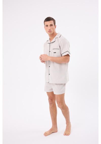 L'espadon Marısılk Seastrıpe Erkek Yazlık Şortlu Gömlekli Pijama & Lounge Takımı-3175 Bej