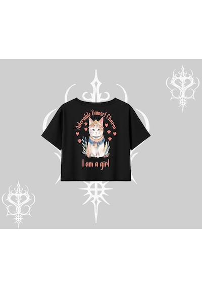 Tarzsokak Cute Princess Kedi Tasarımlı Arka Baskılı Oversize Crop Tshirt Siyah