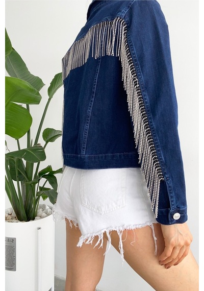Femelle Kadın Sırtı Püsküllü Tasarım Denim Kot Ceket mavi