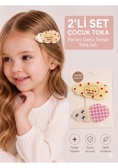 2 Li Set Kiraz Ve Ekose Figürlü Çocuk Pens Toka Farklı Renk Seçenekli B