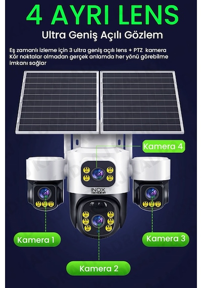 4 Kameralı Inox Modeli , 4g + E-sim, 2 Solar Panelli, Uzaktan İzleme , Hareket Takip , Alarm , Sesli Konuşma, 16000 Mah Batarya