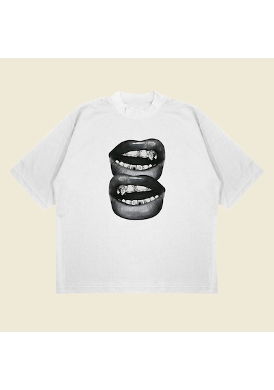 Startmore Grillz Teeth Baskılı Oversize Unisex Pamuklu Nefes Alan Kalın Kumaşlı Beyaz