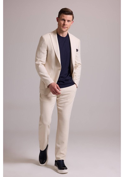 Erkek Krem Slim Fit Sivri Yaka Takım Elbise