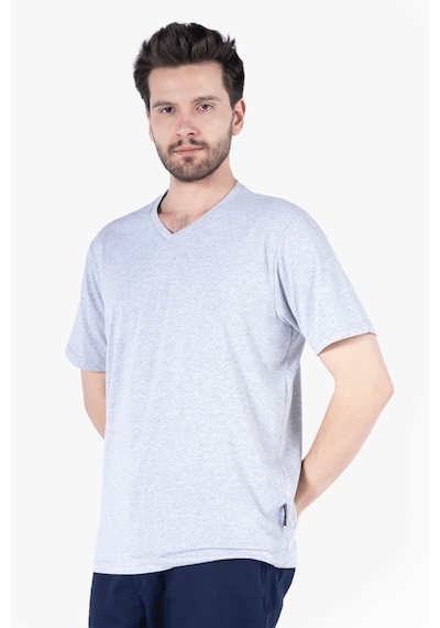 Yıldırımlar T-shirt V Yaka %100 Pamuk Gri Melanj