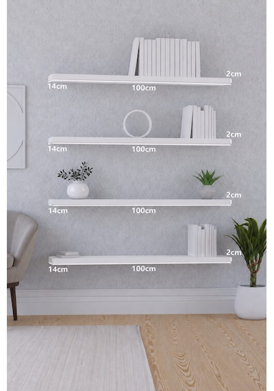 Yankı-byeg 100 Cm 4lü Mat Beyaz Mdf Uçan Duvar Rafı Gizli Bağlantı Modern Tasarım