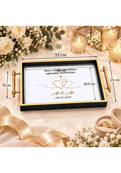 Bk Gift Kişiye Özel Siyah&gold Söz Nişan Tepsisi-2 - 39x23 Cm Çok Renkli