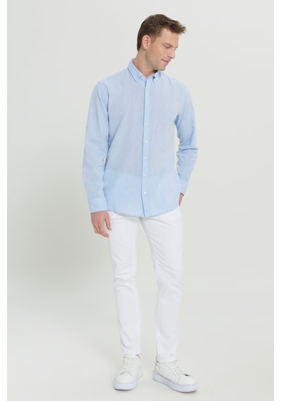 AC&Co / Altınyıldız Classics Erkek Acık Mavı Comfort Fit Rahat Kesim Düğmeli Yaka Casual Keten Gömlek Acık Mavı Açık Mavi