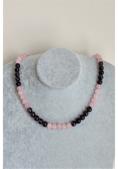 8 MM PEMBE KUVARS AMETİST DOĞALTAŞ KOLYE Çok Renkli