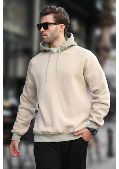 Madmext Bej Renk Bloklu Kapüşonlu Sweatshirt 7073 Bej