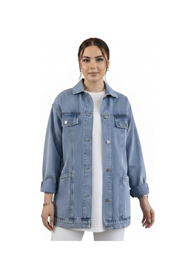 Hb Harma Time Butik Kadın Cep Detaylı Denim Mavi Kot Ceket