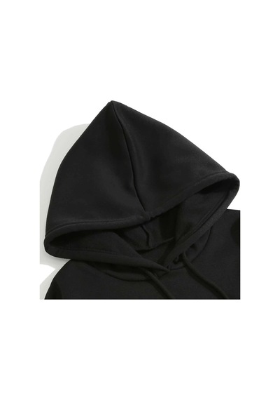 Startmore Cartoon And Korean Letter Graphic Drawstring Lined Hoodie Siyah Siyah