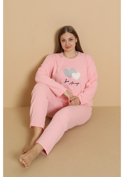 Wordex Fawn 1110 İnterlok Büyük Beden Kalpli Kışlık Ev Kadın Pijama Takımı Pembe