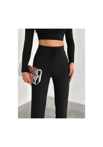 Dechival Kadın Bol Paça Fitilli Pantolon Yazlık Wide Leg Eşofman Altı Siyah