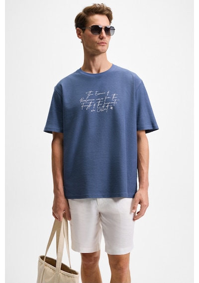 Grımelange BONDIA Erkek Baskı Detaylı %100 Organik Pamuk Oversize Fit Bisiklet Yakalı Kısa Kollu İndigo T-Shirt