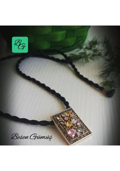 Renkli Zirkon Taşlı Dikdörtgen Kolye Rose - Gold -  Gümüş