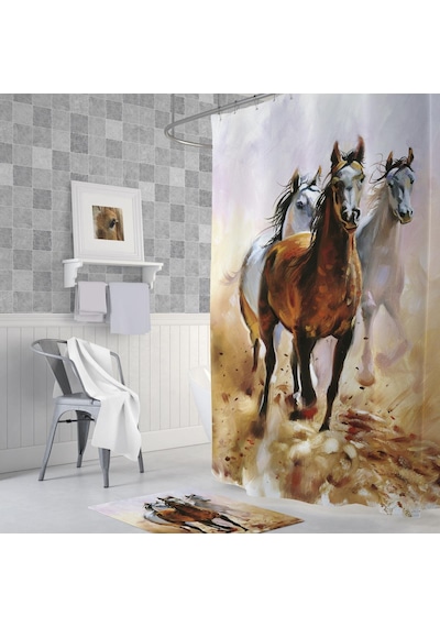 Banyo Paspas Ve Tek Kanat Duş Perdesi 1x180x200 Set Banyo Halısı Horses Beyaz