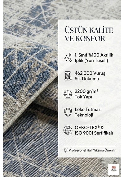Premium Modern Soyut Desenli Akrilik Salon Halısı - Gri Mavi Eskitme Geometrik Tasarım Çok Renkli