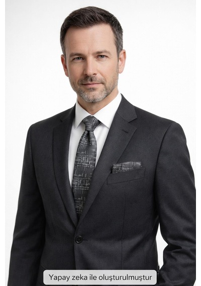 Gaffy Siyah Beyaz Kırcıl Desenli Gri Dokuma Kumaş Mendilli Slim Fit Kravat // Sdk-2611-3 Gri